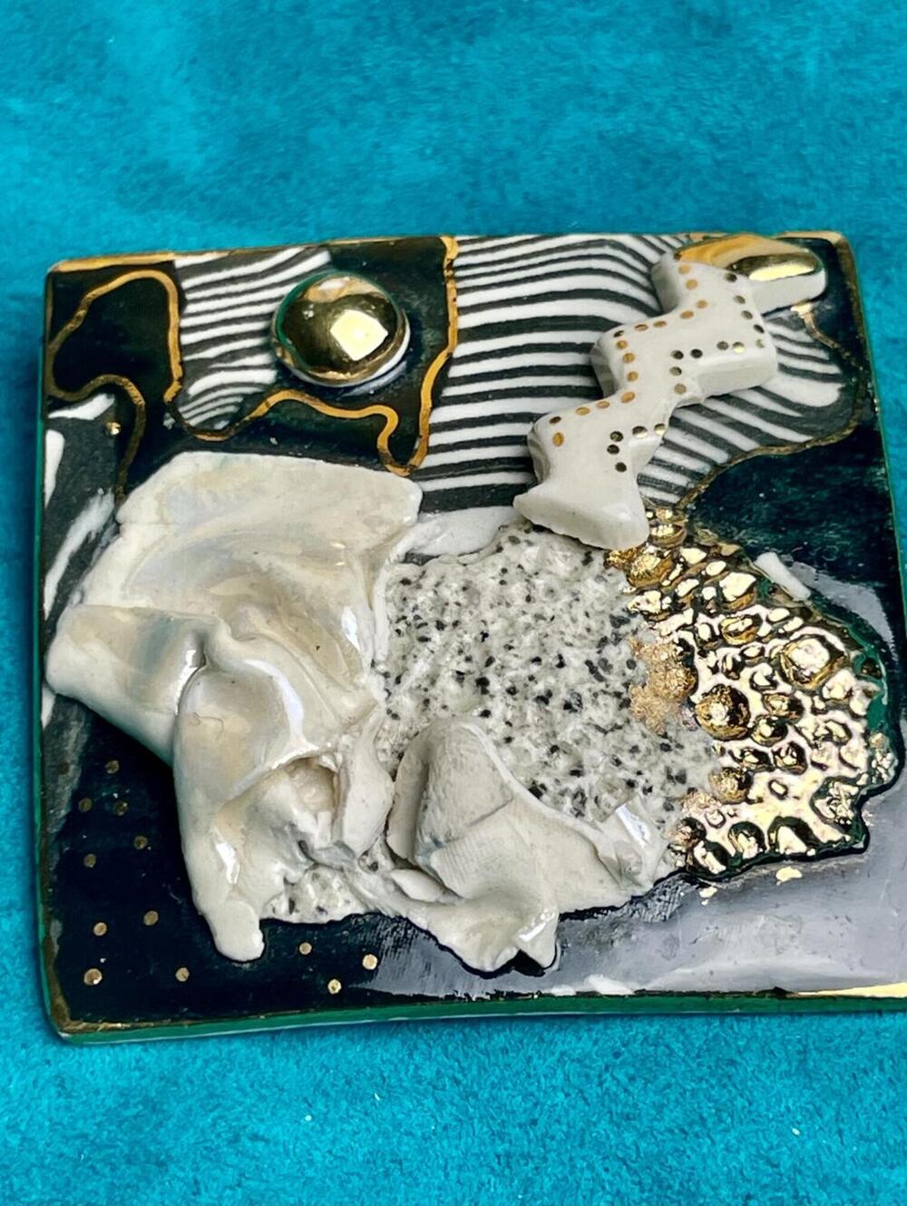 Abstract Ceramic and Enamel Brooch with Gold Accents Vintage Style